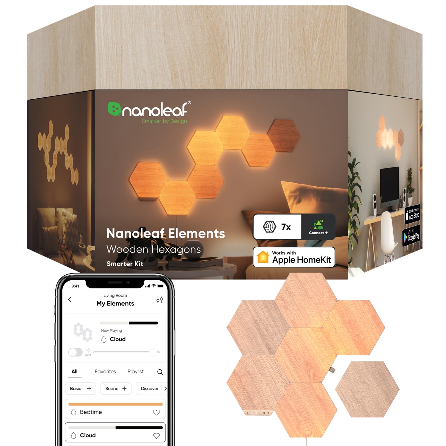 nanoleaf NL527005HB7P Elements Wood Look Smarter Kit (7 Panels