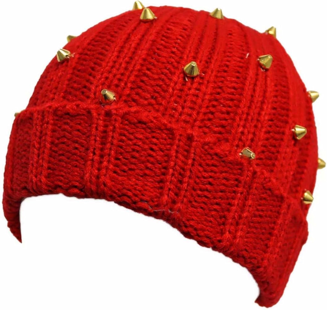 Red Knit Beanie Cap Hat with Gold Spikes at Amazon Women's