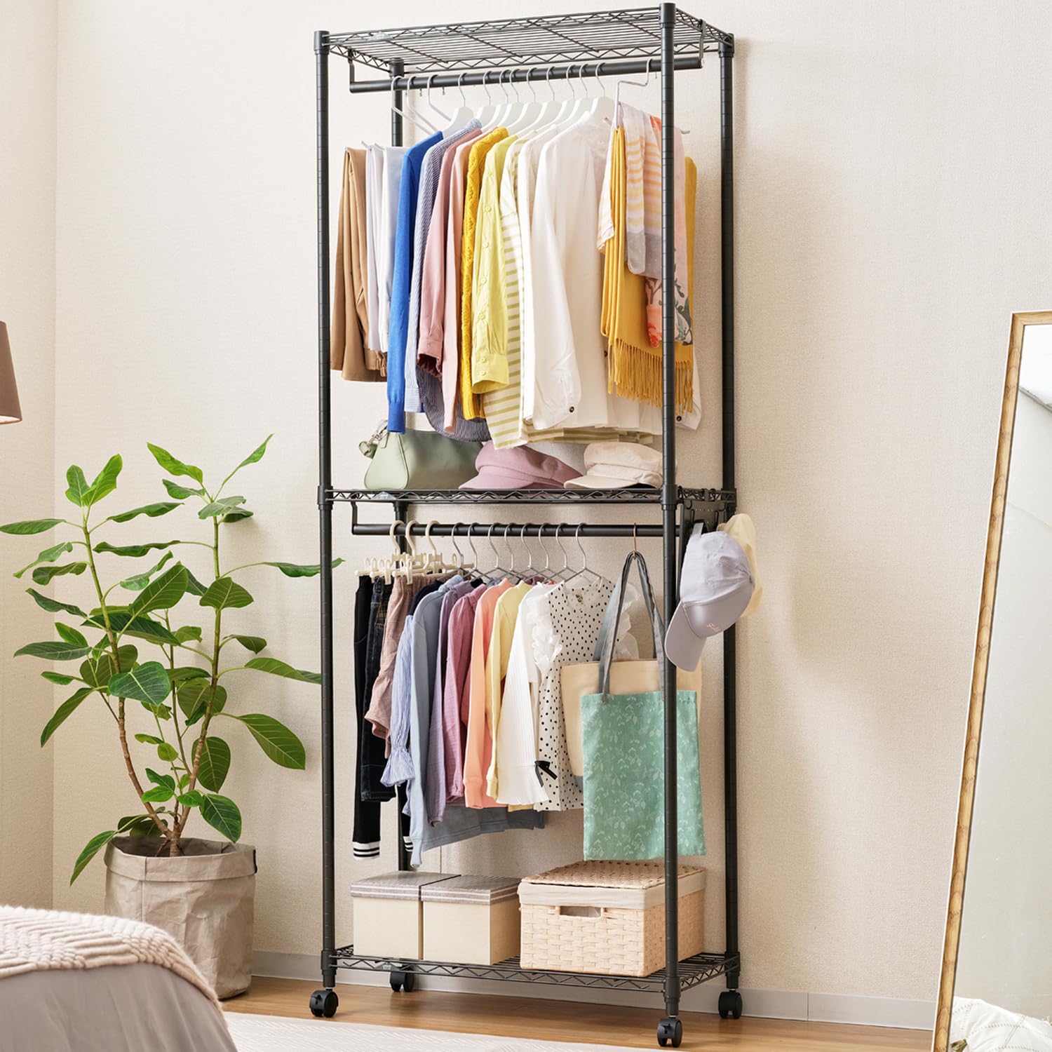 Amazon｜ドウシシャ ルミナス ノワール ハンガーラック 2段 幅80 奥行