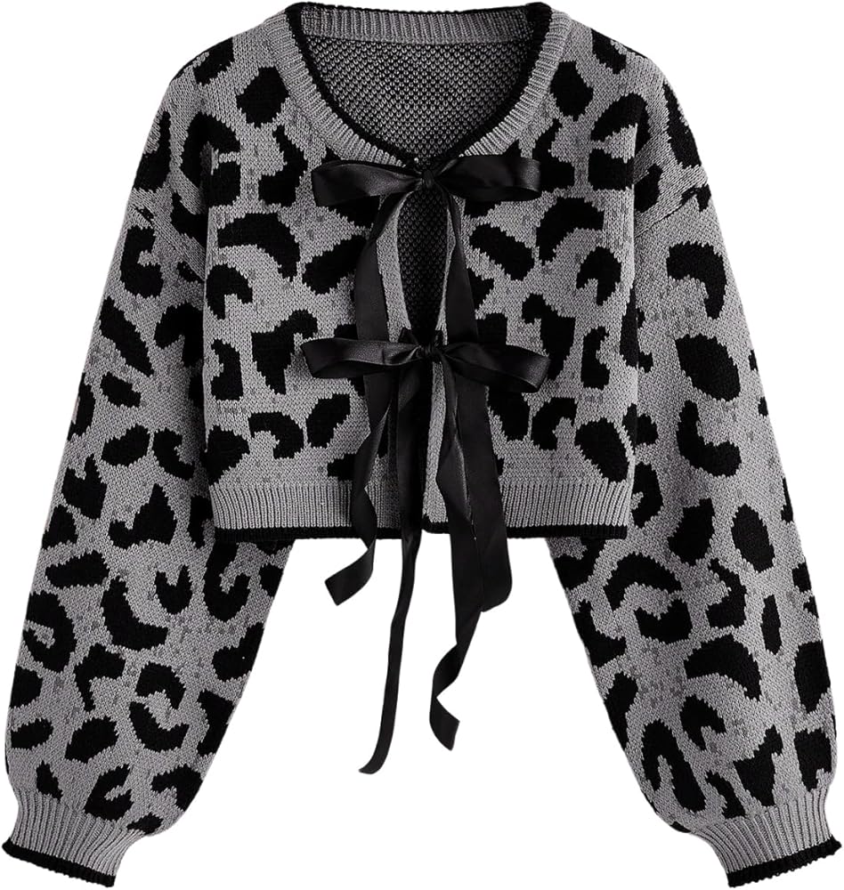 BEAUDRM Women's Y2k Cheetah Cardigan Sweater Bow Tie Front