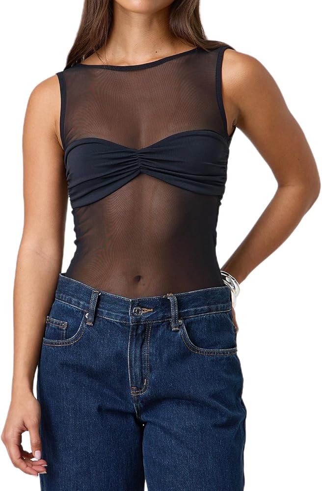 Women Sheer Mesh Tank Top Sleeveless See Through Camisole Layering