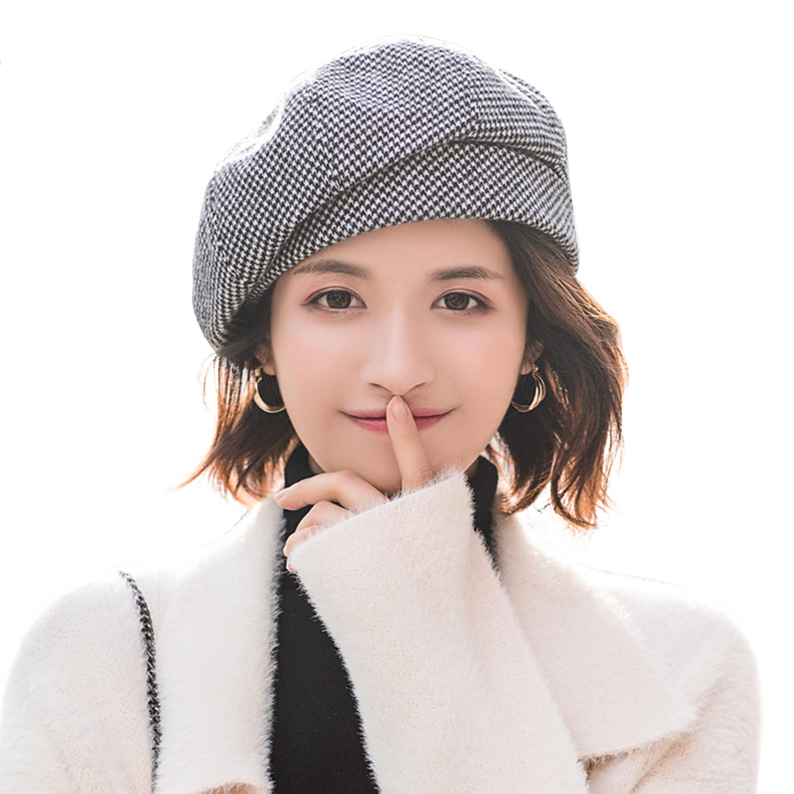 Amazon.co.jp: ベレー帽 レディース 千鳥柄 キャップ シンプル