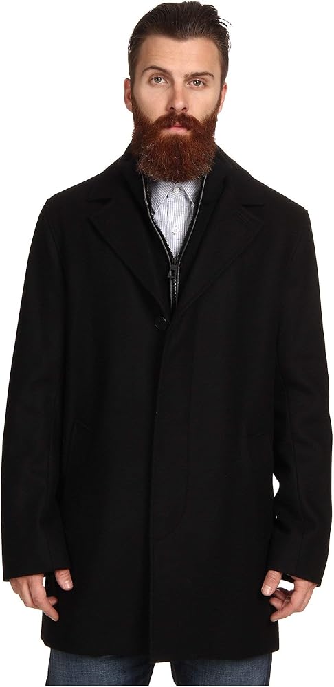 Cole Haan Men's Classic Melton Top Coat with Faux Leather Details