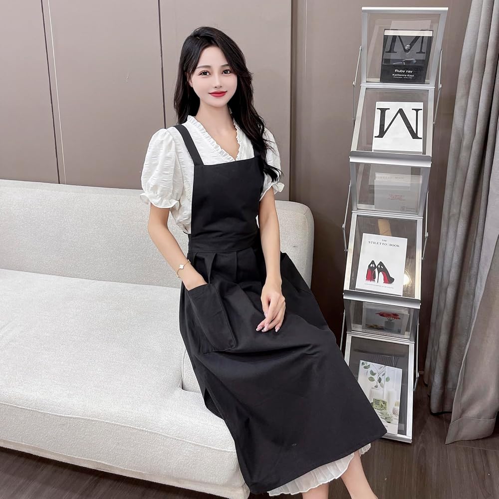 TALIBSA Pinafore Apron Dress，Japanese Cotton Linen Cross Back
