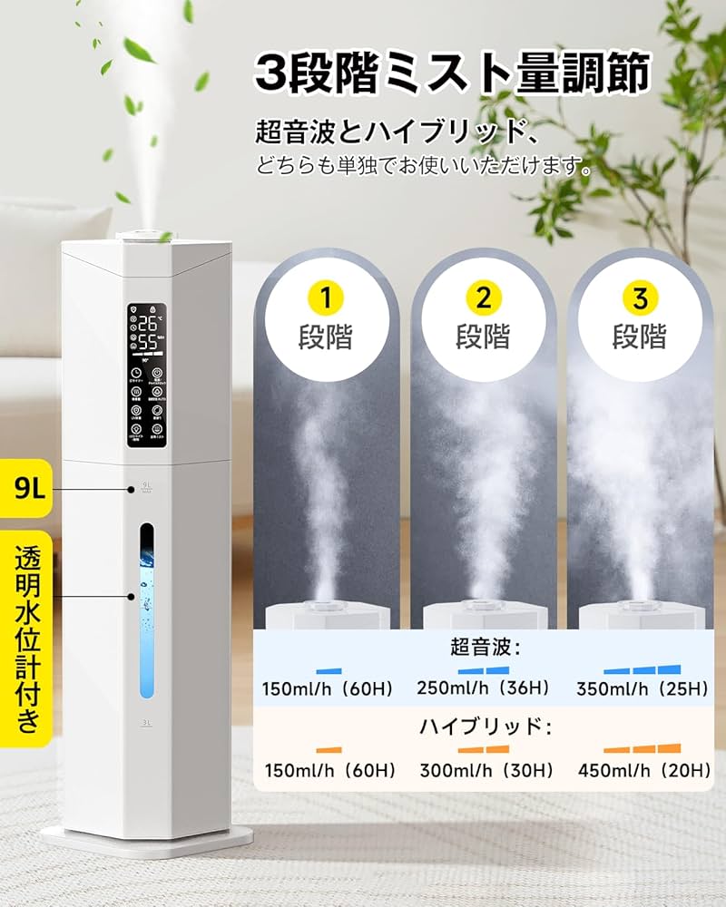 Amazon.co.jp: Yutogen 加湿器 大容量 タワー式 9L 【加熱ミスト＆最長