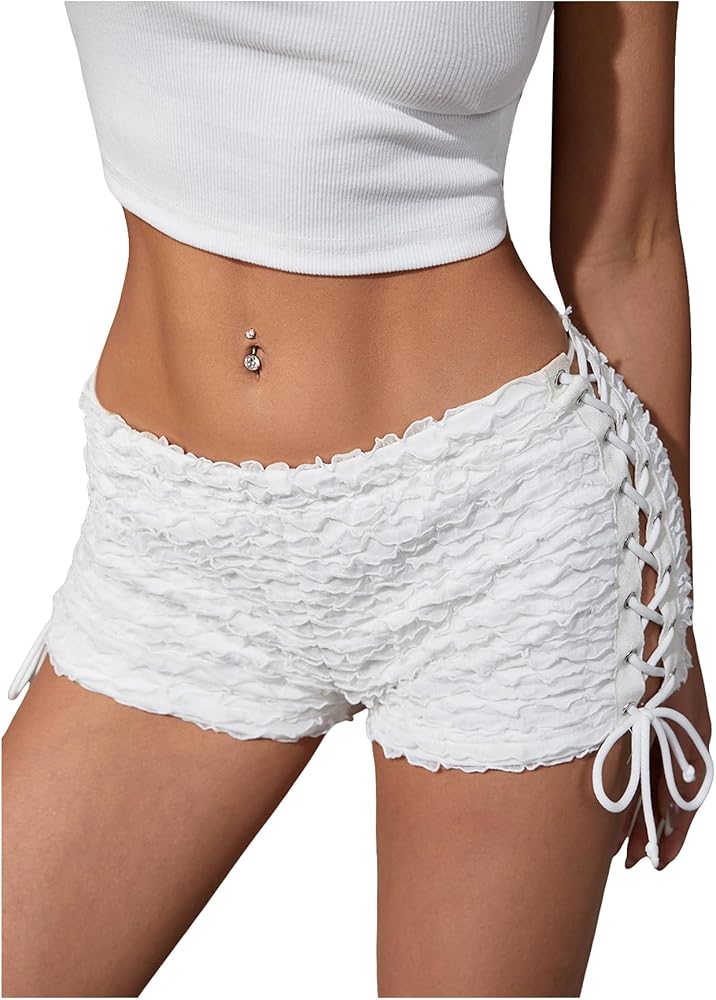 RoseSeek Women's Drawstring Lace Up Frill Mini Shorts Low Elastic