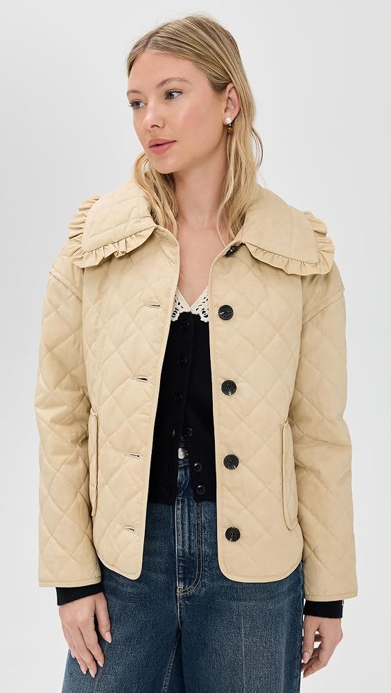 Avec Les Filles Women's Ruffled Collar Quilted Jacket, Sand, L at