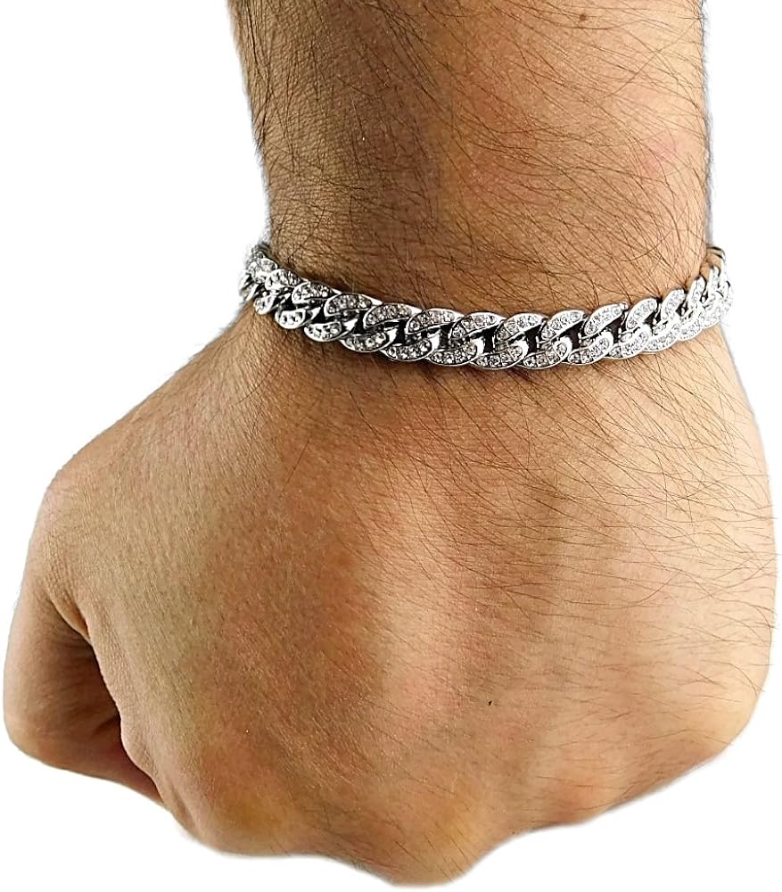 Amazon.com: Mens Bling Bracelet Iced Silver Tone Hip Hop Cuban