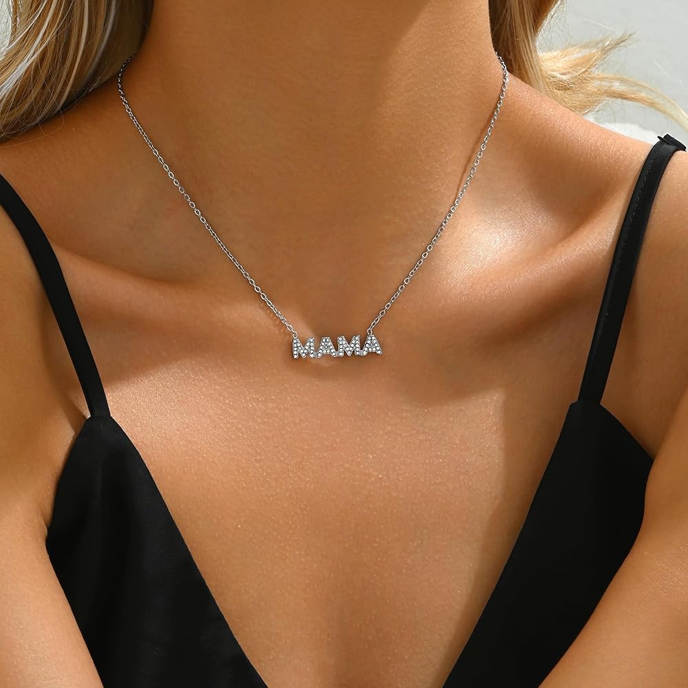 foyjoey White Gold CZ Mama Necklace Mother's Day Letter Necklace