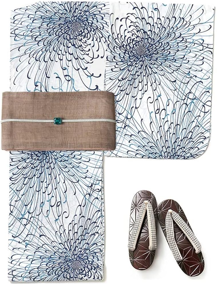 Amazon | [dear-japan]浴衣 乱菊 白地 古典柄 綿 白 紺 ネイビー