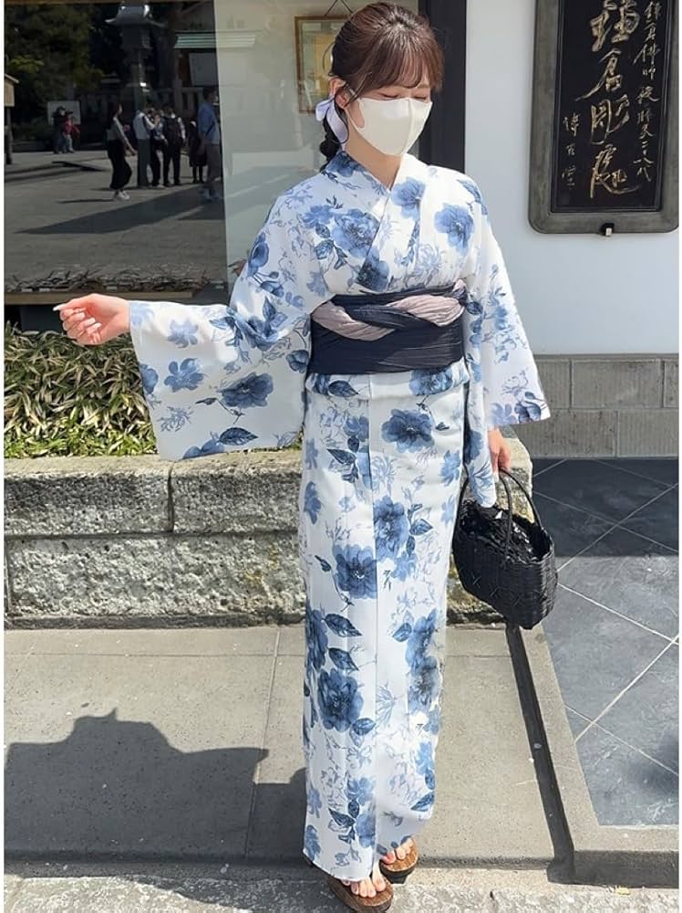 Amazon.co.jp: 水彩フラワー浴衣セット ブルーゆかた 兵児帯 大人 花柄