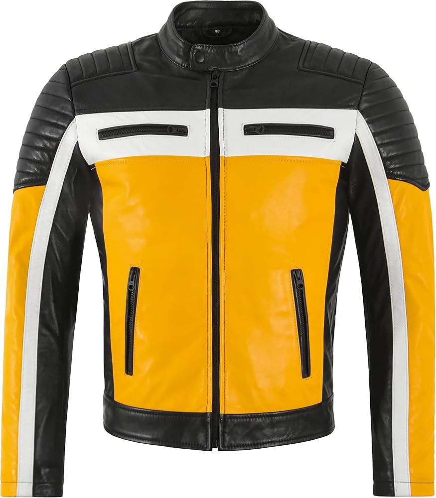 Cafe Racer Mens Biker Leather Jacket Black Yellow Retro Style