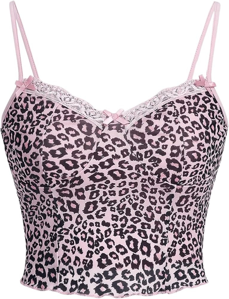 SOLY HUX Women's Y2k Lace Trim Leopard Print Camisole Tops