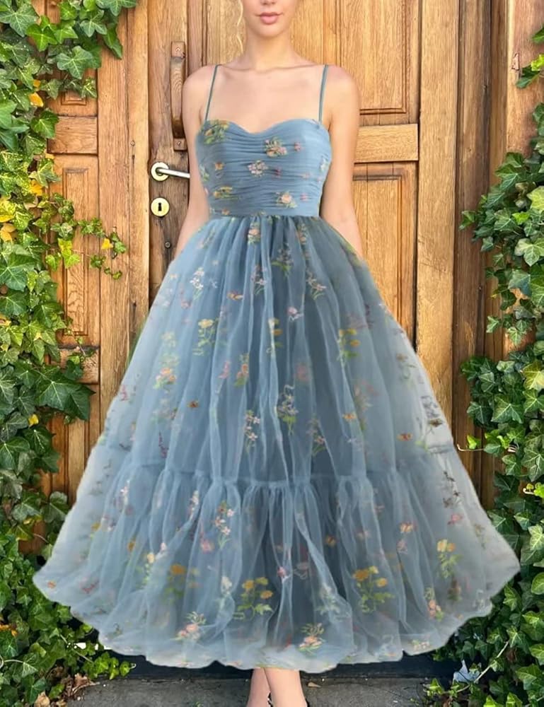 Amazon.com: A Line Flower Embroidery Tulle Formal Evening Gowns