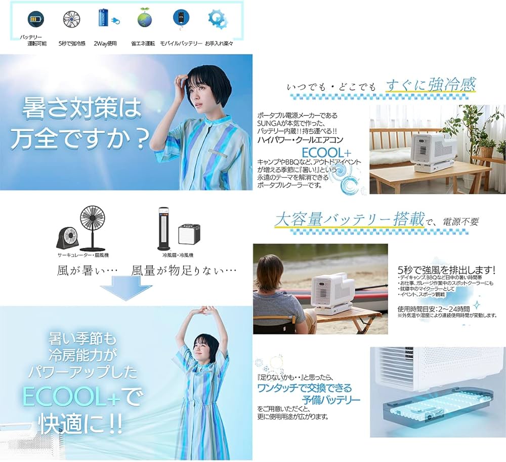 Amazon.co.jp: SUNGA ポータブルクーラー ECOOL+ バッテリー付