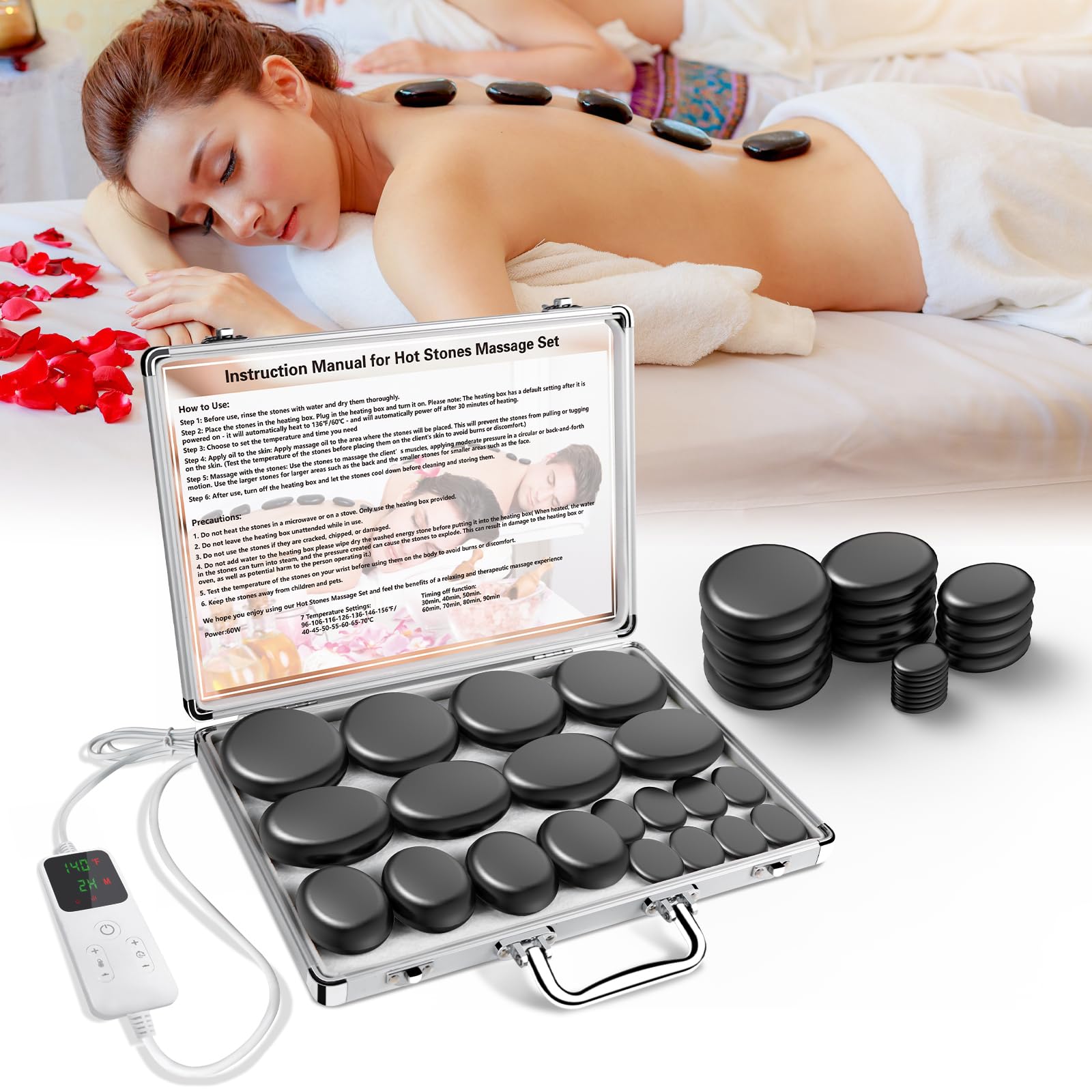 AICNLY Hot Stones Massage Set with Temperature Adjustment-20 Pcs