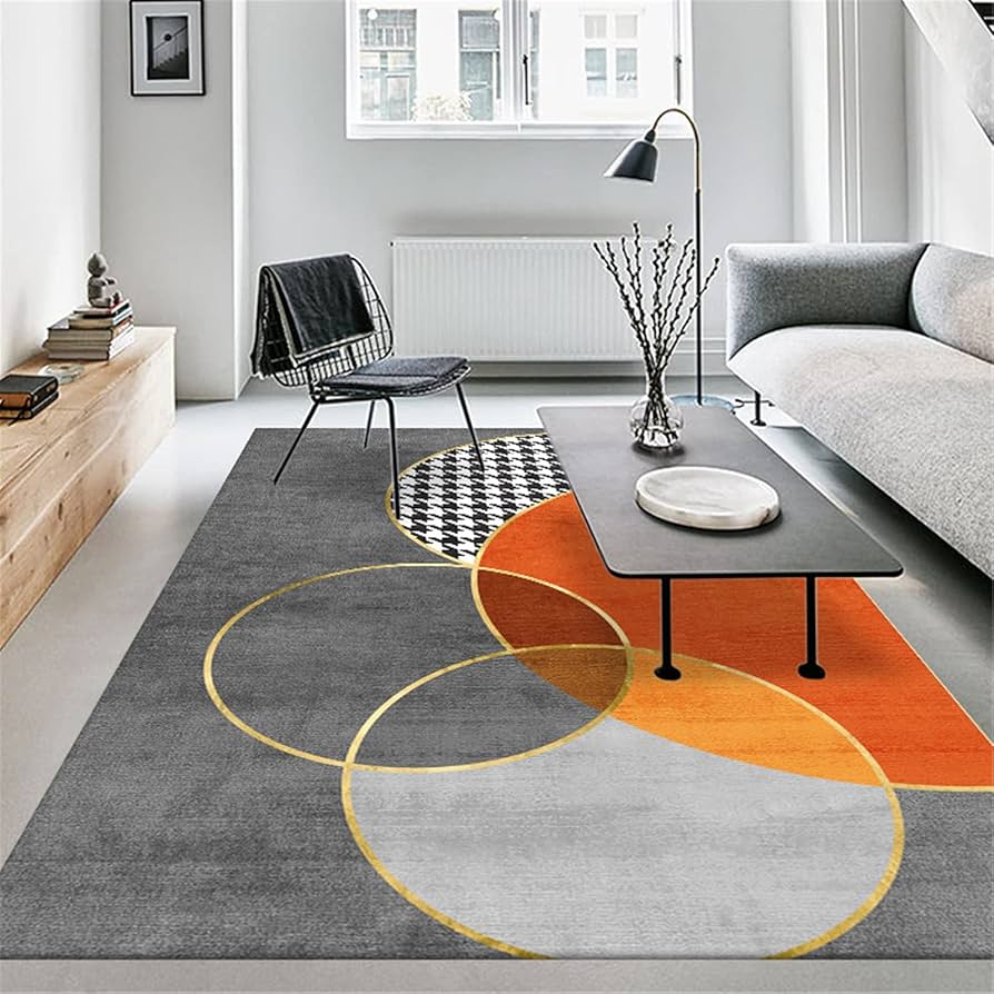 Amazon｜グレー オレンジ アート 幾何学模様 カーペット 吸収性 ソフト