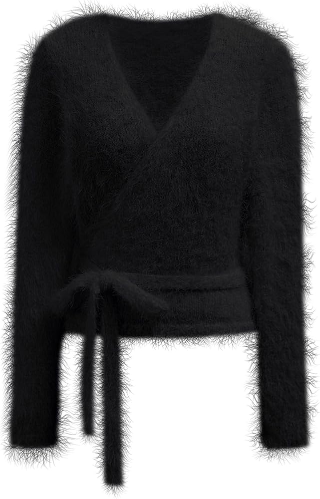 CHICWISH Women Fuzzy V Neck Wrap Knit Top Tie Waist Knot Long