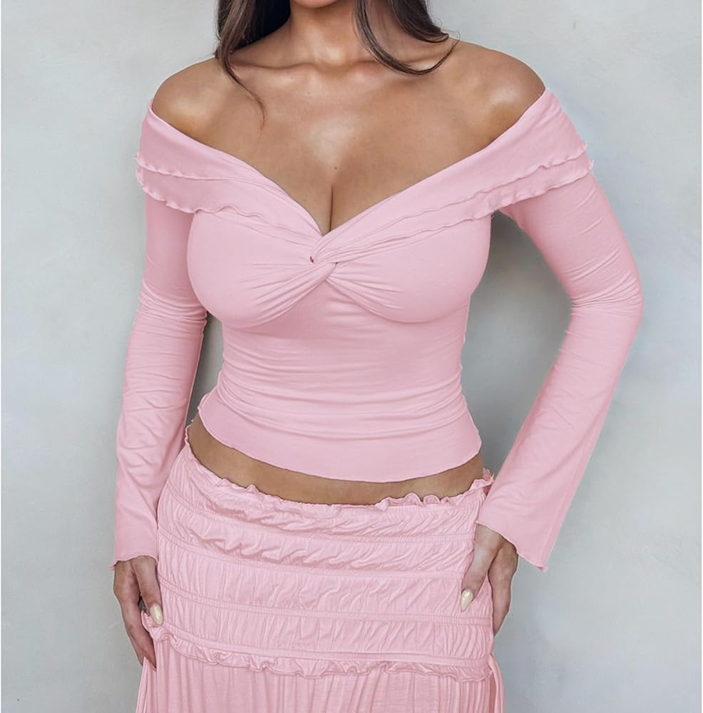 Goafuliy Pink Going Out Tops for Women, Long Sleeve Twist Front V