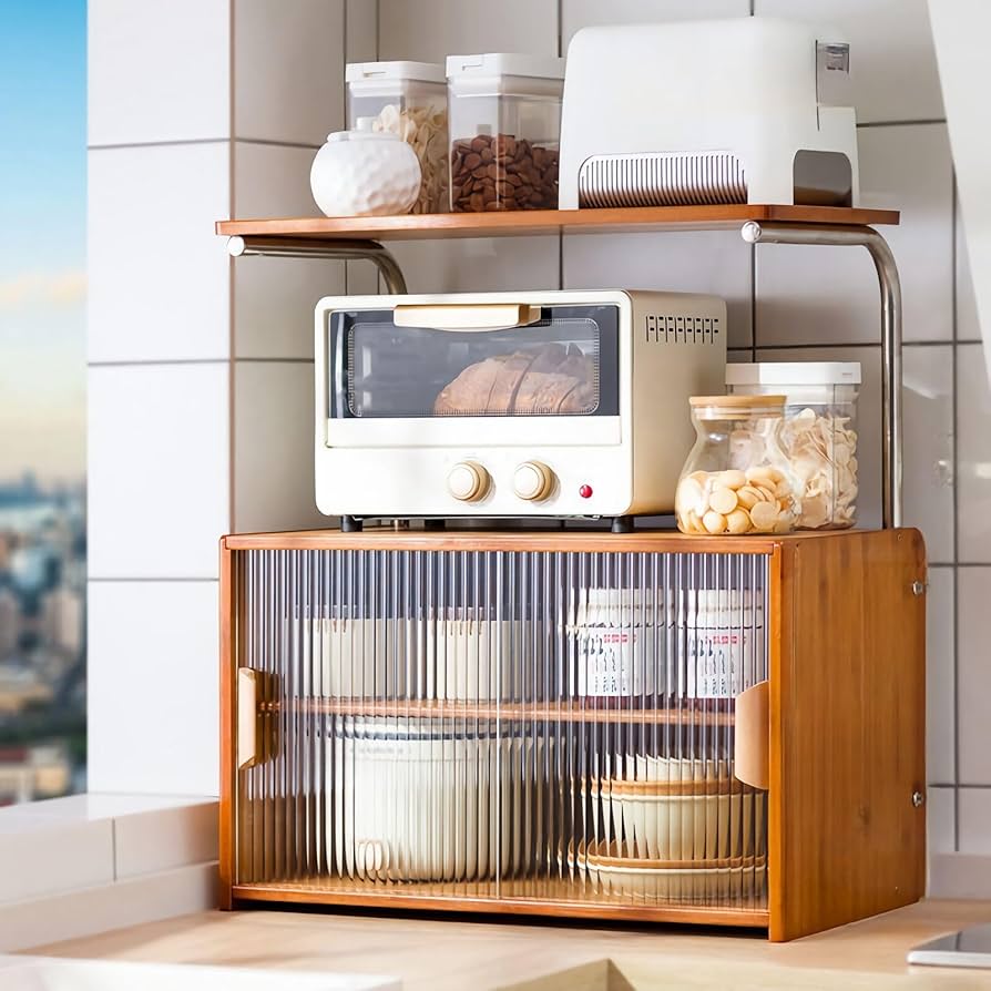 Amazon｜卓上食器棚スリムキッチン収納竹製キャビネット長虹ガラス扉