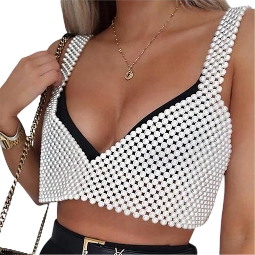 Aopwsrlyi Women Sexy Pearls Beaded Cami Top Sleeveless Sling Pearl