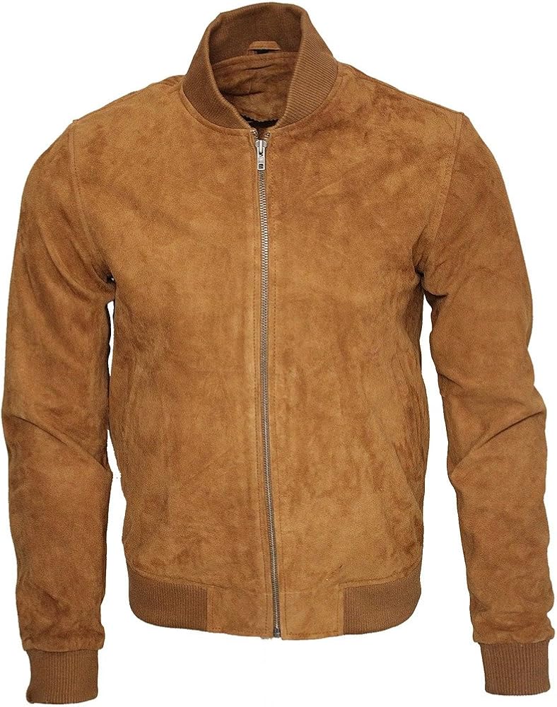Infinity Mens Retro Tan Goat Suede Leather Bomber Varsity Jacket