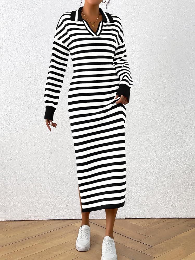 MASCOMODA Womens Fall Dresses 2024 Striped Sweater Dress Casual