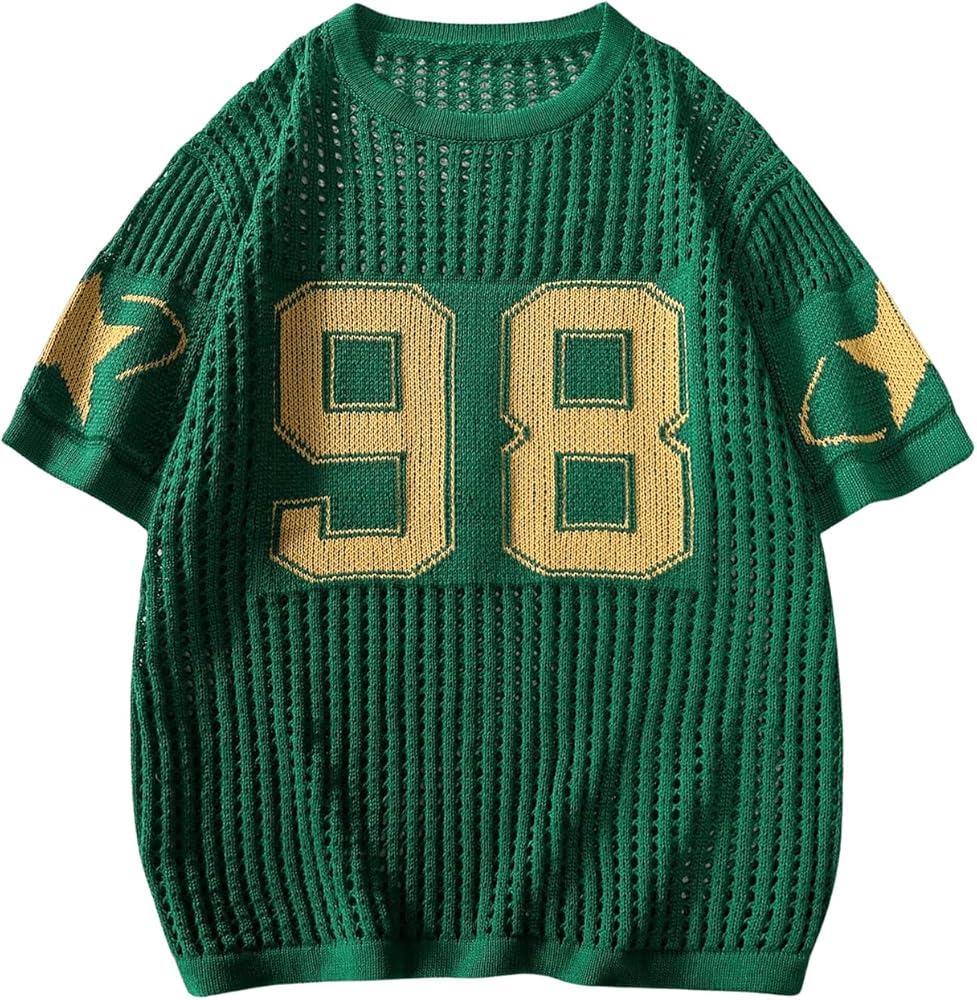 Verdusa Men's Crochet Sweater Tops Short Sleeve Graphic Print