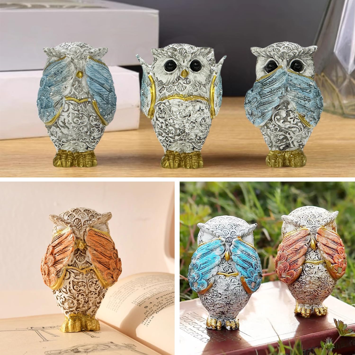 う*め様 フクロウと鳥のガラス置物セット オパール セントグラス う*め