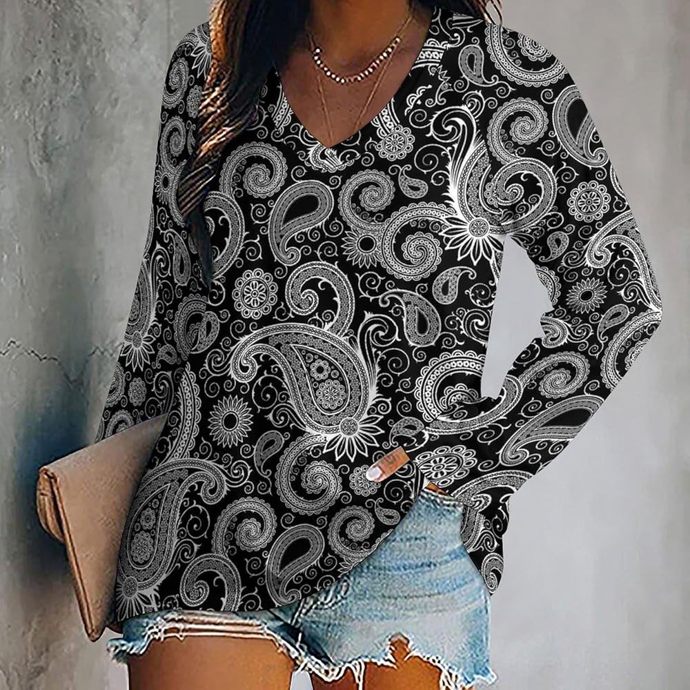Amazon.com: Black and White Paisley Pattern Women's Long Sleeve