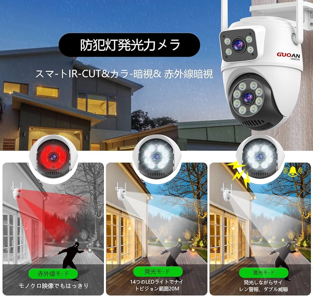 Amazon.co.jp: 防犯カメラ 屋外 二つ監視画面・パンチルト・夜間カラー
