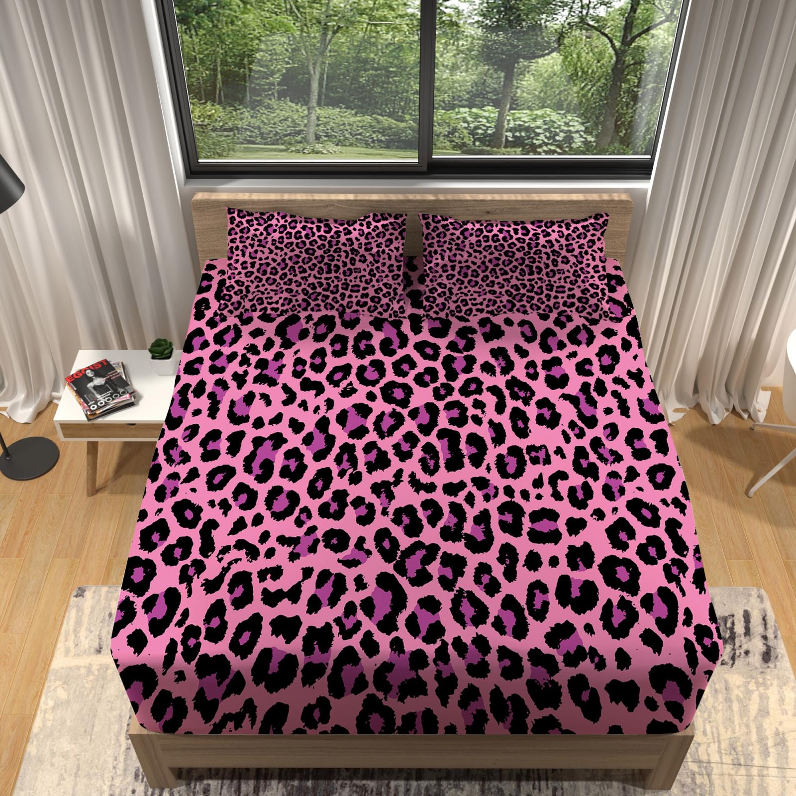 Amazon｜WJYMJJ ボックスシーツ ダブル 160×200cm 紫色のヒョウ柄