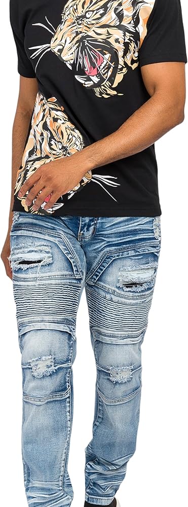VICTORIOUS Men's Distressed Faded Stacked Moto Biker Denim Jeans