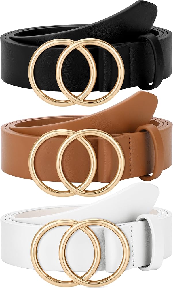 SUOSDEY Women Leather Belt Fashion Double O-Ring Soft Faux Leather