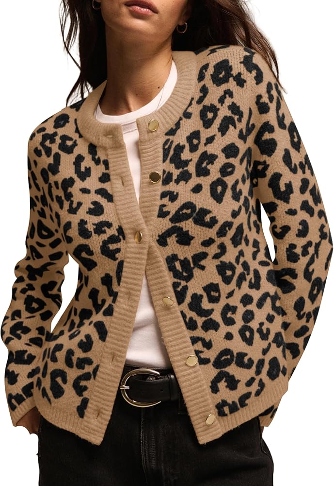 TERIVEEK Leopard Cardigan Sweaters for Women Cheetah Print Open