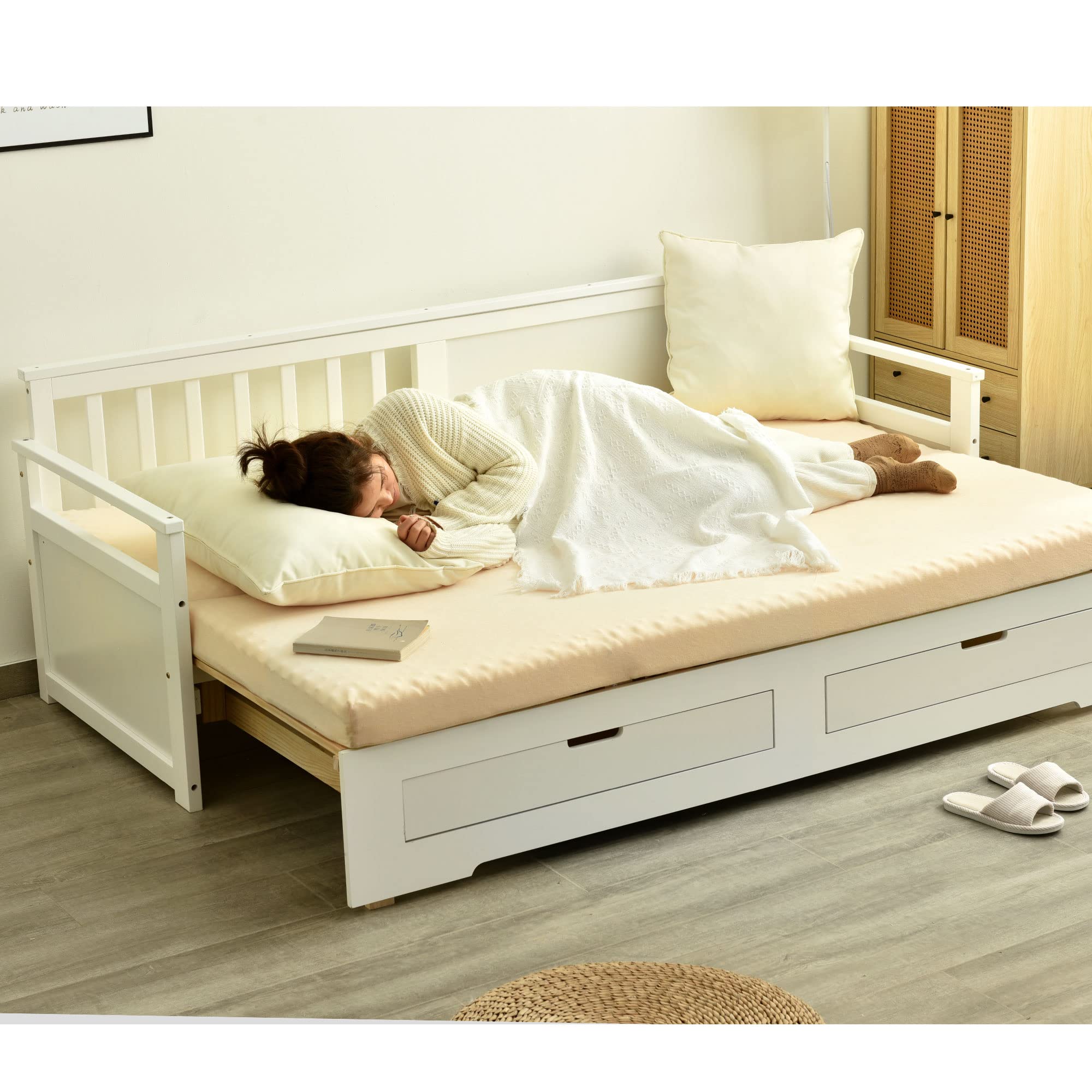 Amazon｜ソファベッド ディベッド 伸長式ベッド 木製 引き出し付き