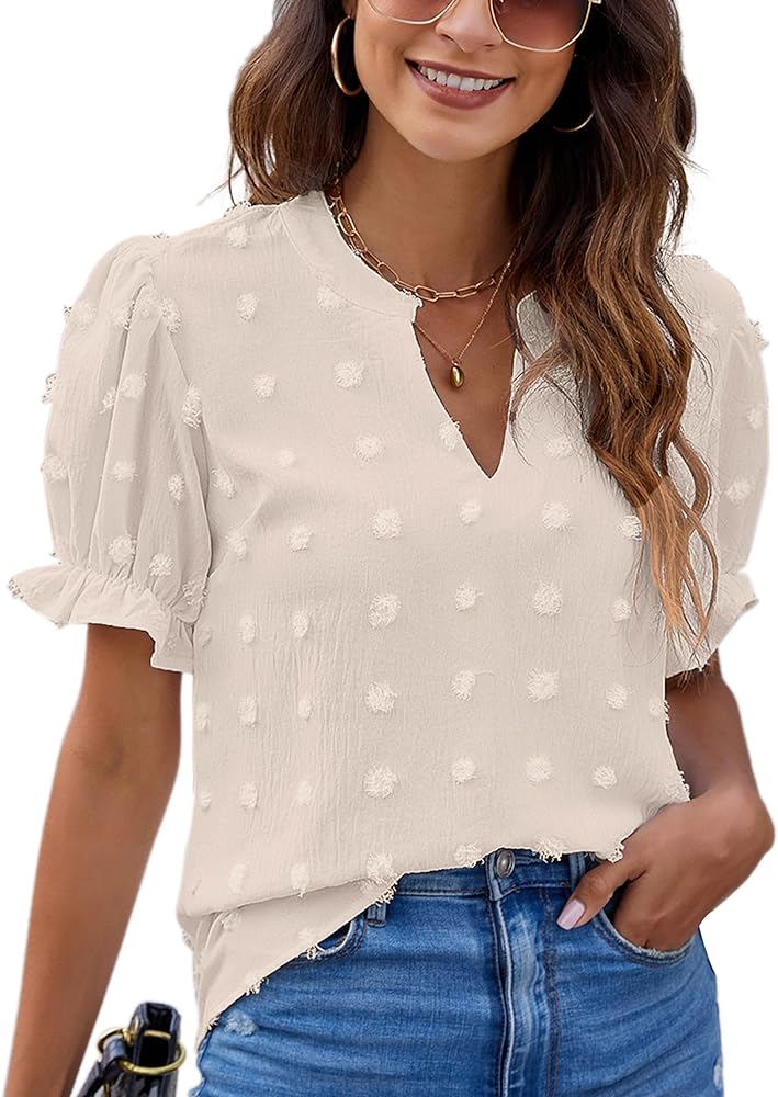 Blooming Jelly Womens Puff Sleeve Summer Tops Chiffon Short Sleeve
