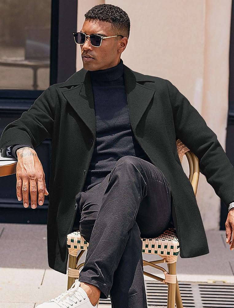 COOFANDY Black Trench Coat Men Notched Collar Single Breasted