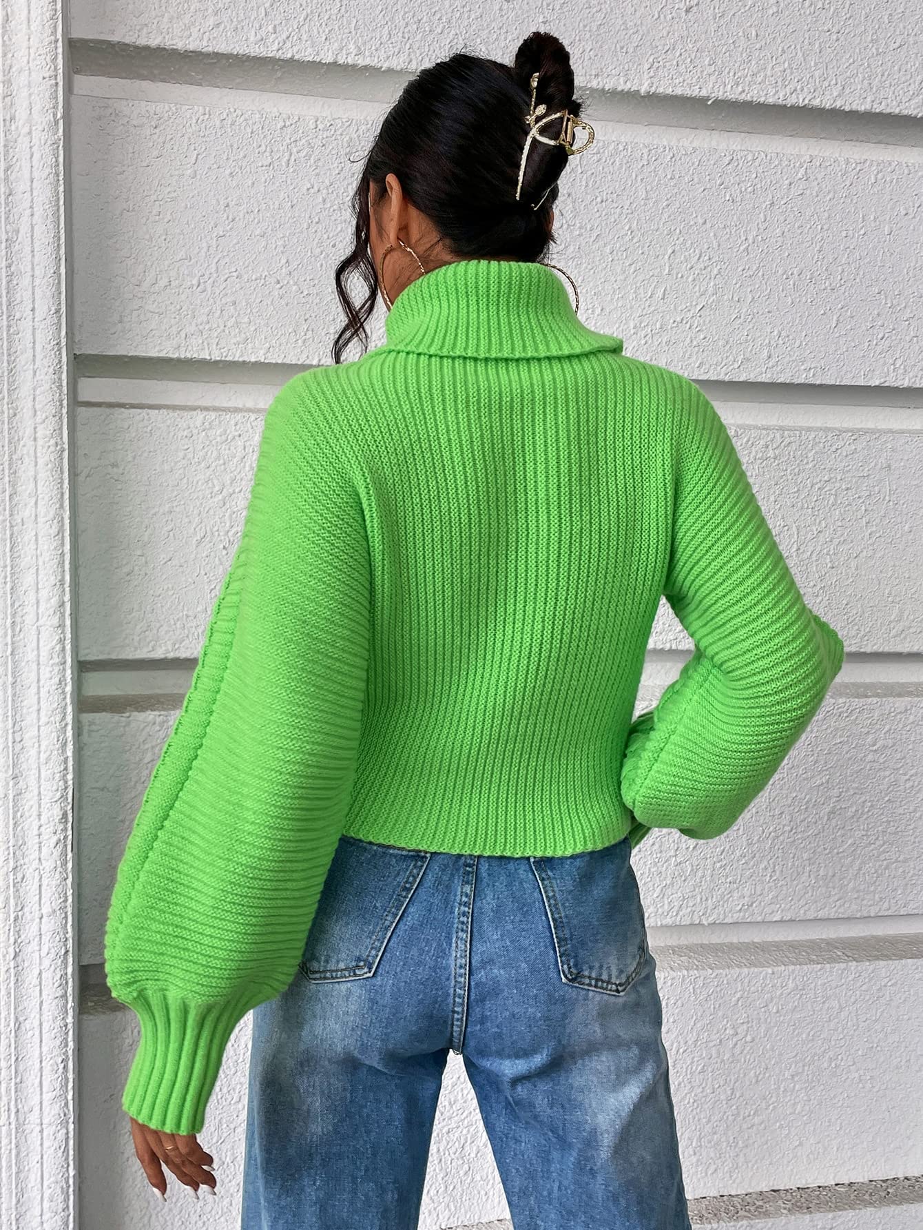 Amazon.com: Turtleneck Cable Knit Lantern Sleeve Sweater (Color