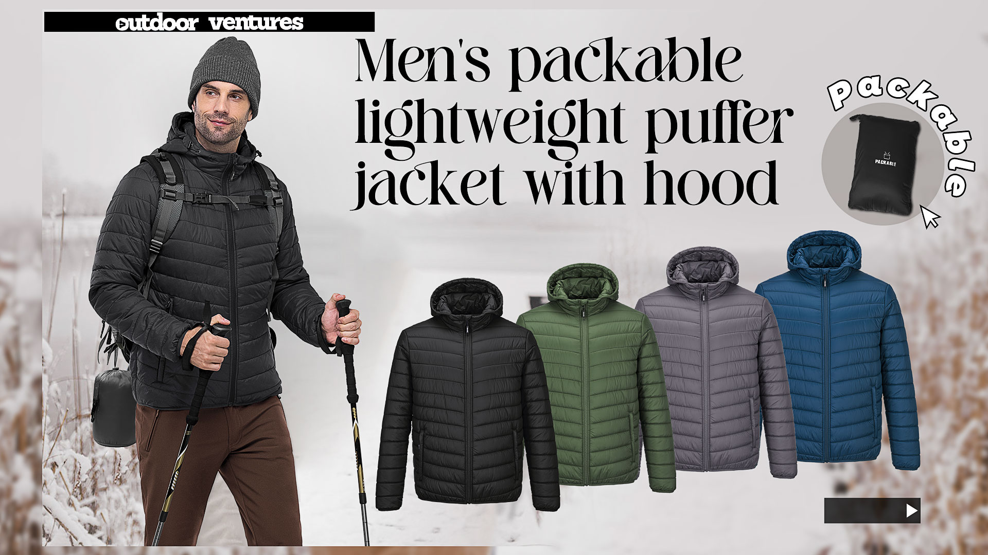 Outdoor Ventures Men's Lightweight Packable Hooded Puffer Jacket