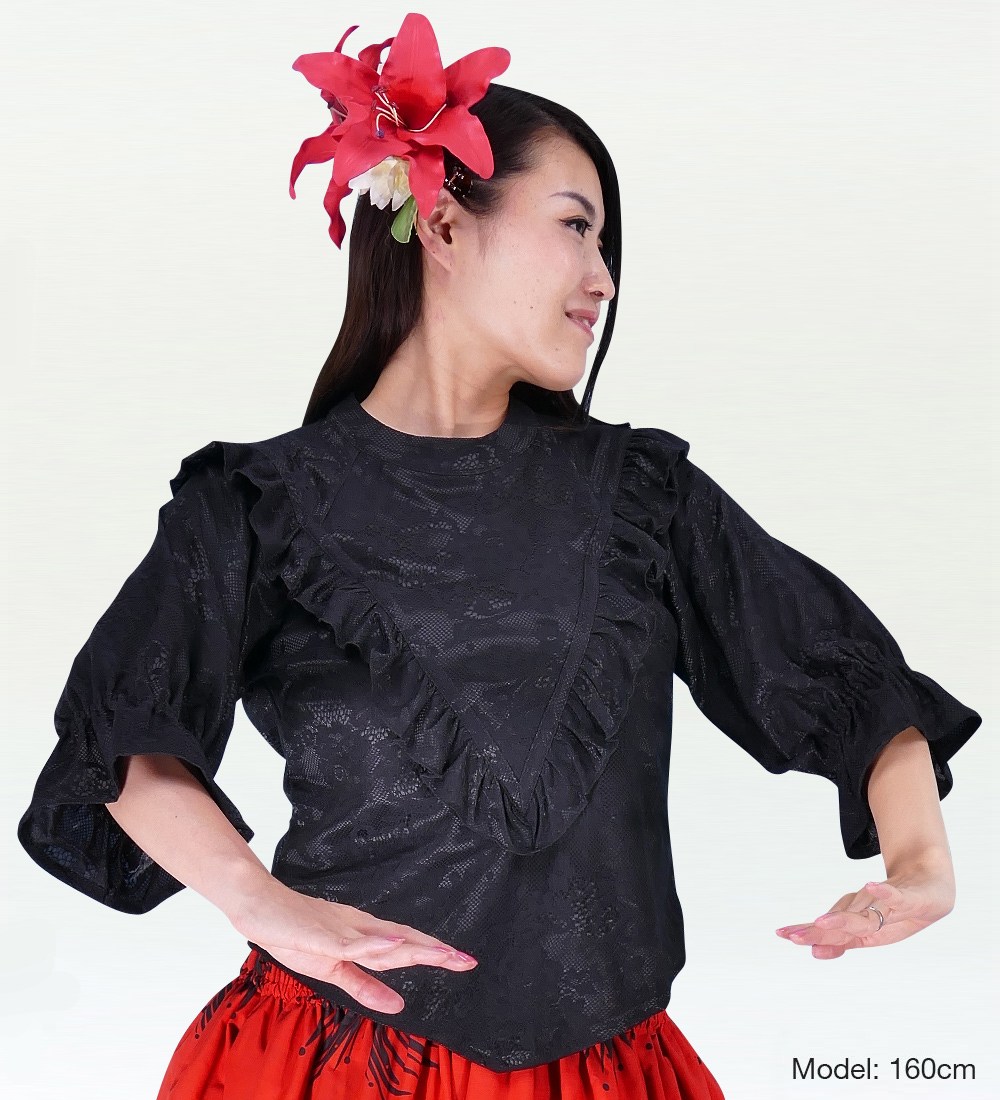 フラダンス フリル総レース ブラウス ブラック L 1833L