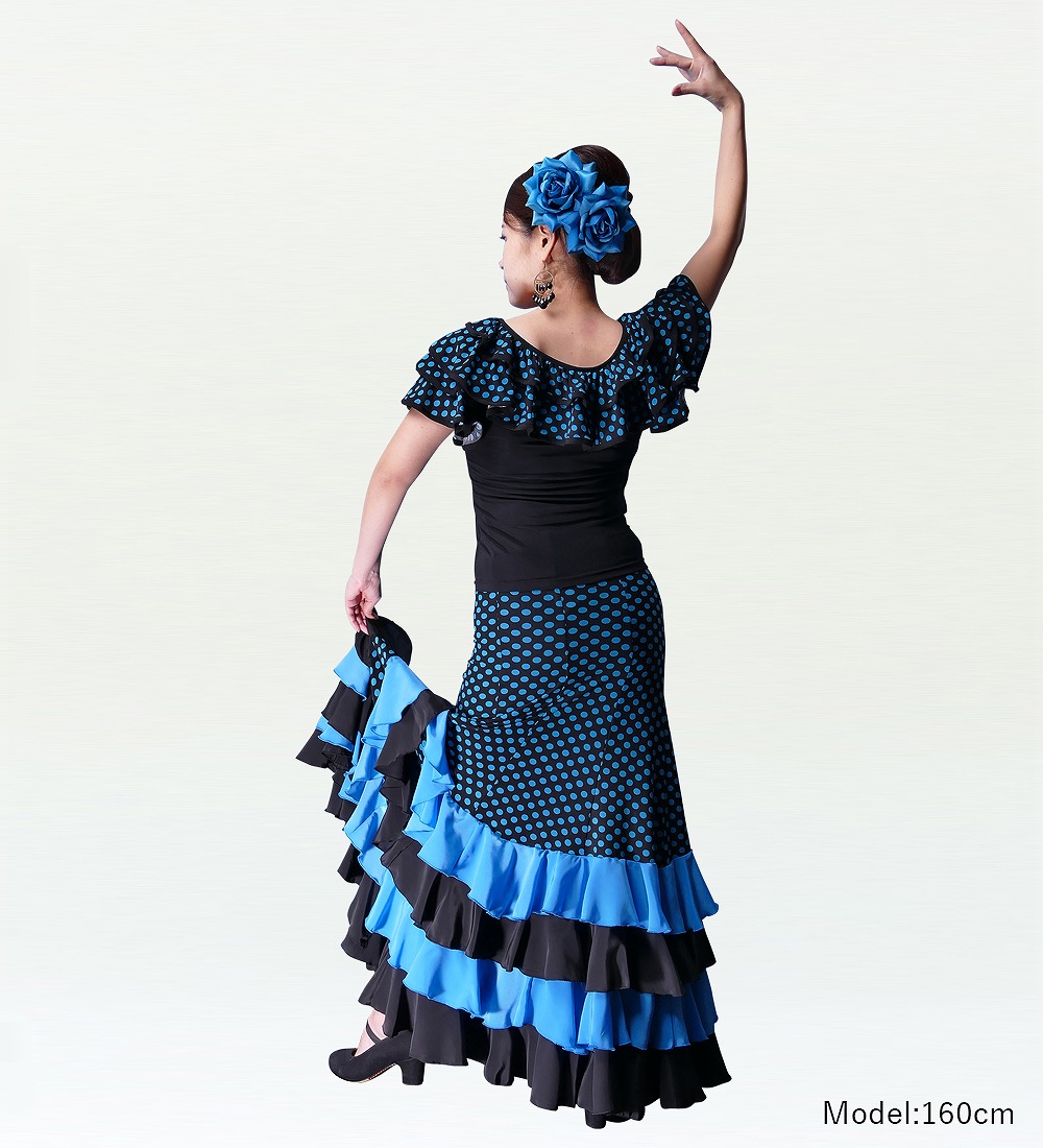 フラメンコ衣装 ☆ファルダのみ ＊青/黒/白地青バラ柄フリルファルダ