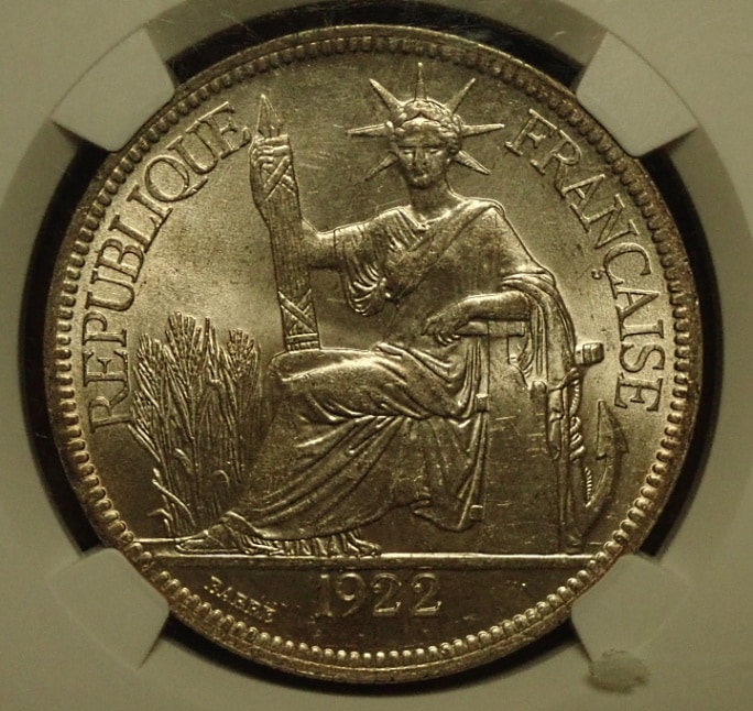 フランス領インドシナ、1922年H、貿易銀ピアストルMS64準最高鑑定