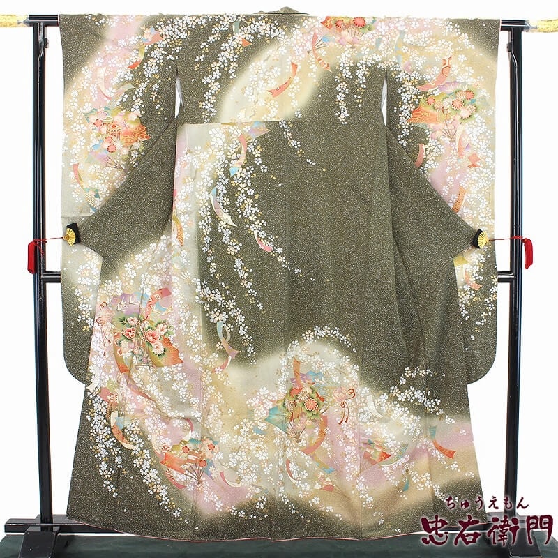 中古】 振袖 リサイクル着物 長襦袢セット レディース 正絹 灰緑