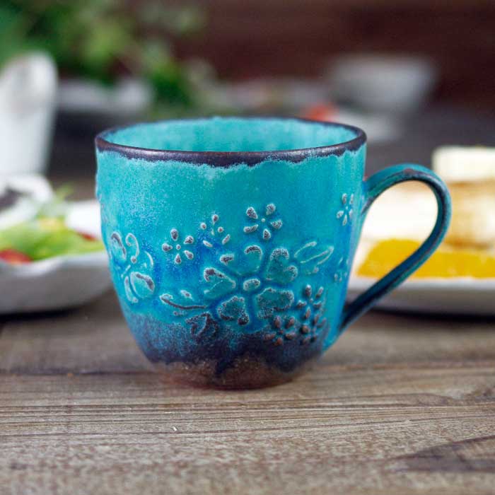 益子焼 ガーデン マグカップ ターコイズ 花柄 かわいい おしゃれ