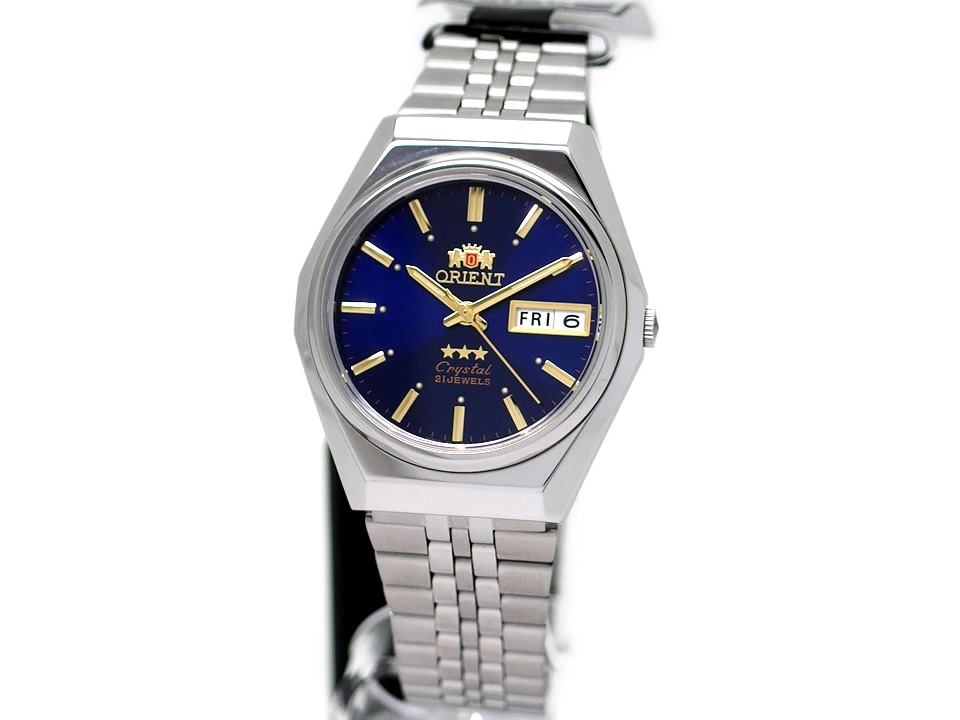 オリエント スリースター クリスタル SAB06006D8-B 青文字盤 日本製 逆