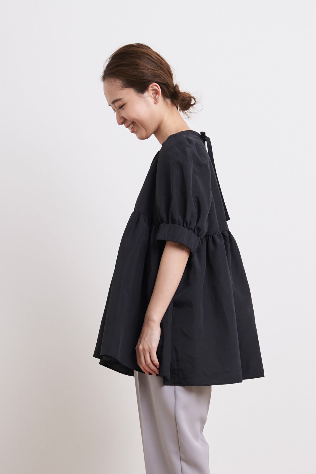 ヨリyoriフクレサイドギャザーブラウス38 ライトサックス