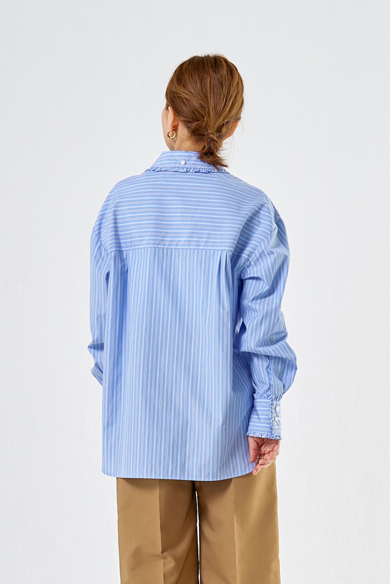 yori ミニフリルストライプシャツブルー36