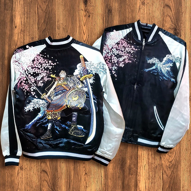 Mサイズ]武者ルフィ柄刺繍 リバーシブルスカジャン ブラック×シルバー