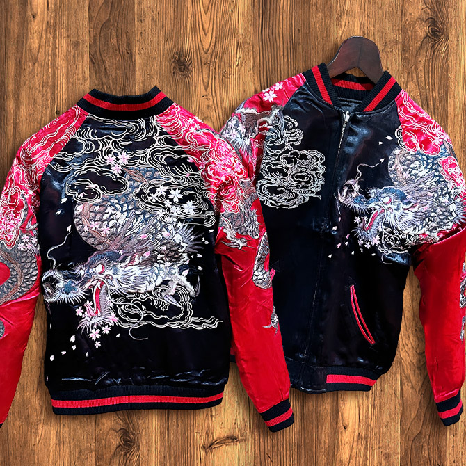 スカジャン 虎と鷹の刺繍 黒・緑 ベッチン 特別ファッション